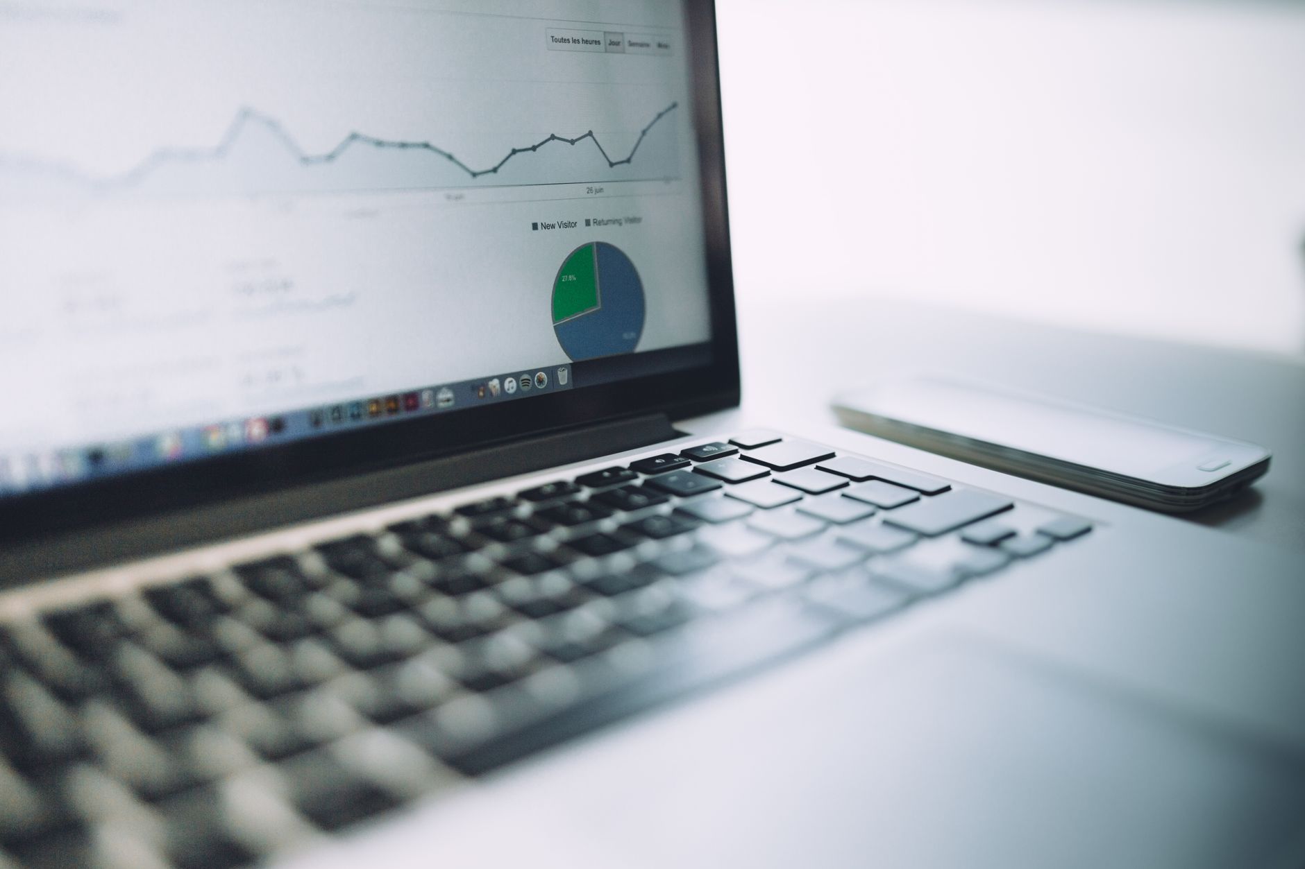 A laptop showing charts and graphs on a desk