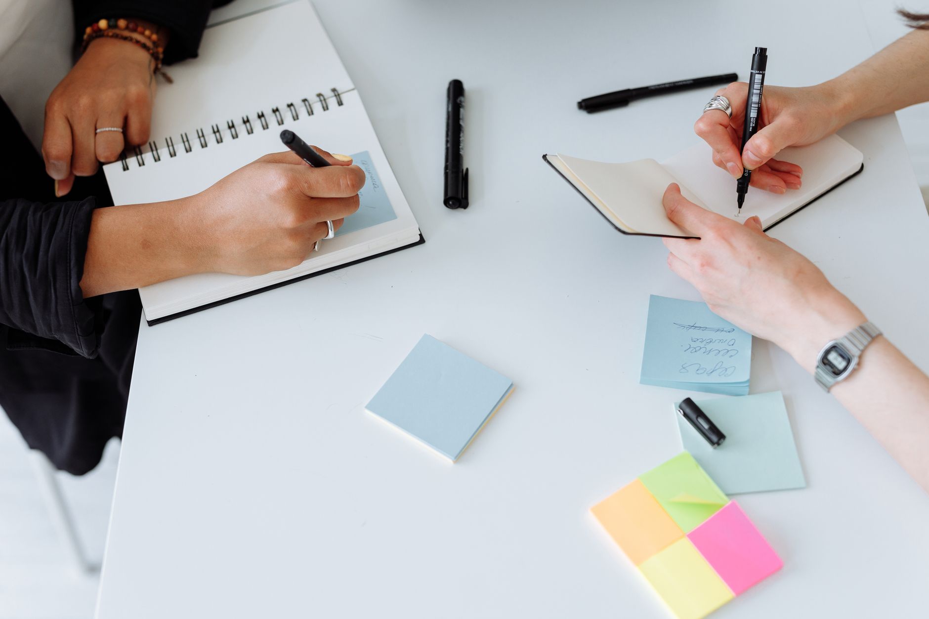 People writing notes together at a desk, a postmortem